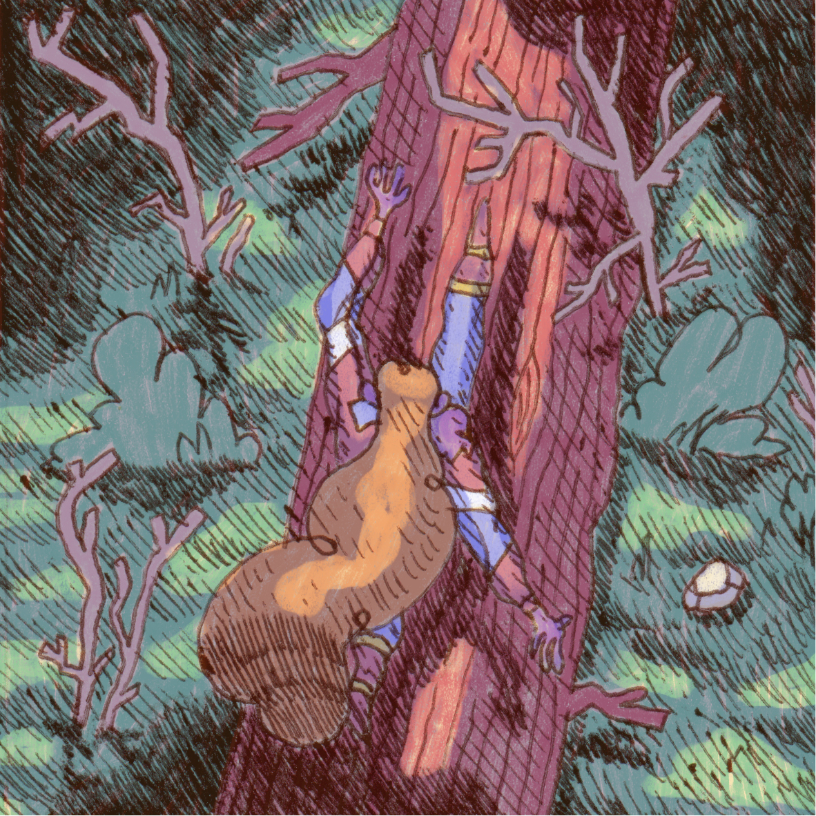dessin d'un paysage avec une arbre et des maisons