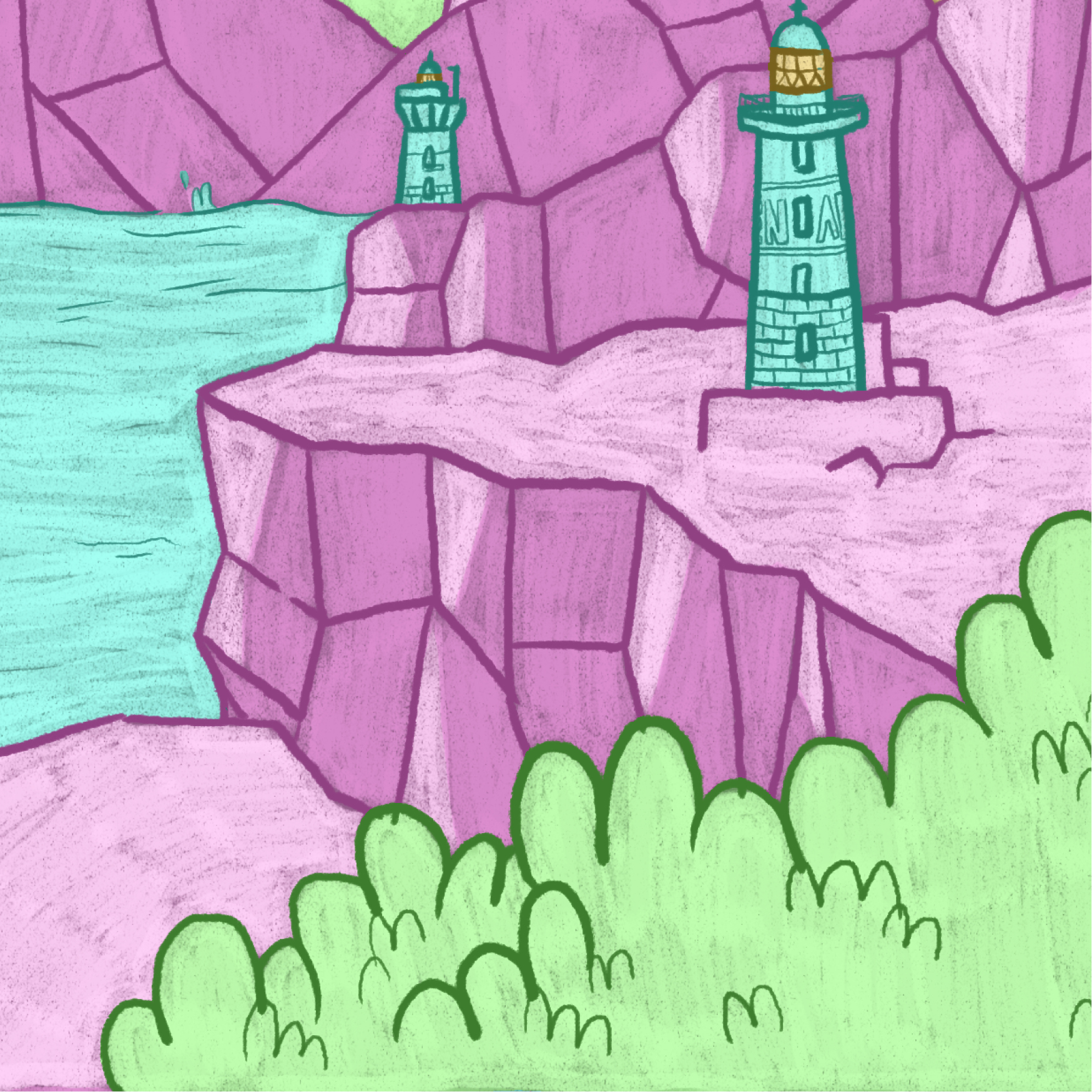 dessin d'un paysage avec des phare en bord de mer