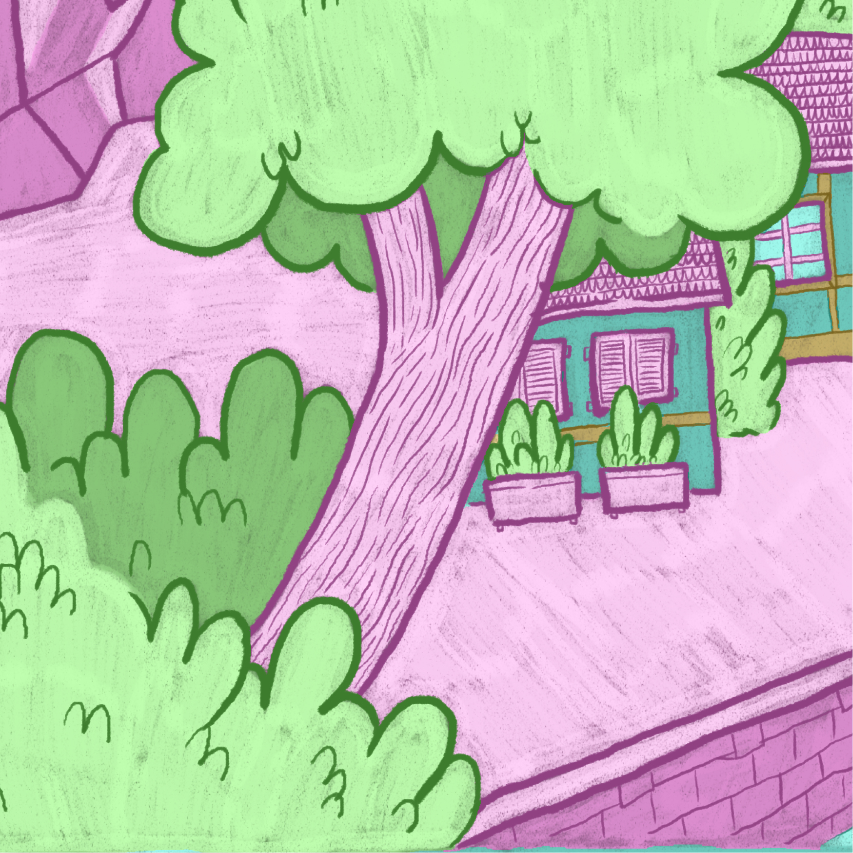dessin d'un paysage avec une arbre et des maisons