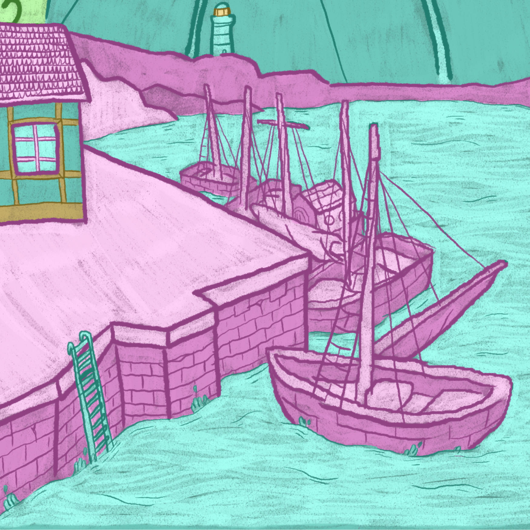dessin d'un port en bord de mer