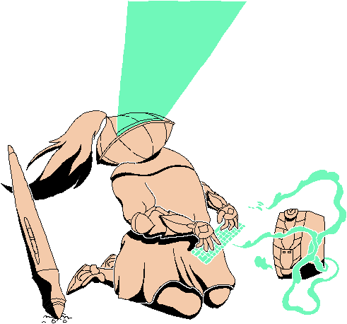 dessin d'un chevalier en trance, travaillant sur un ordinateur